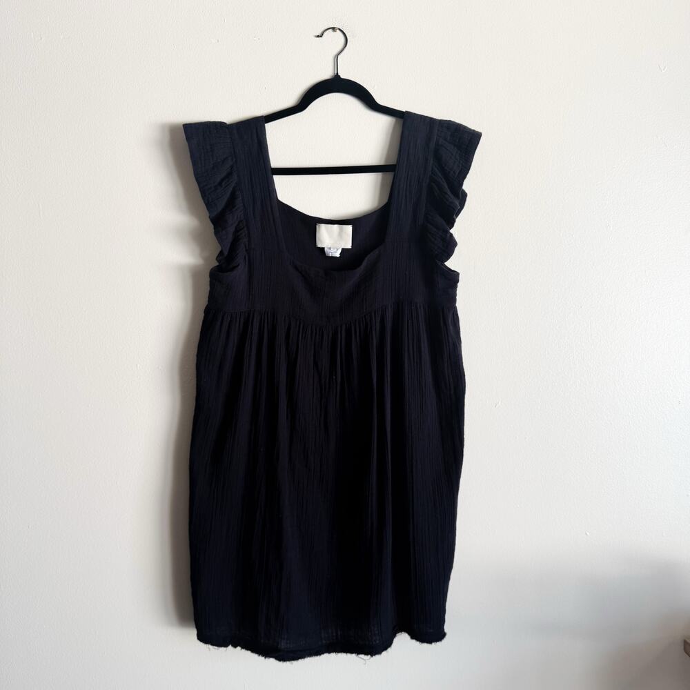 Anaak Black Square Neck Muslin Cotton Ruffle Sleeve Mini Dress Size 3 or Large